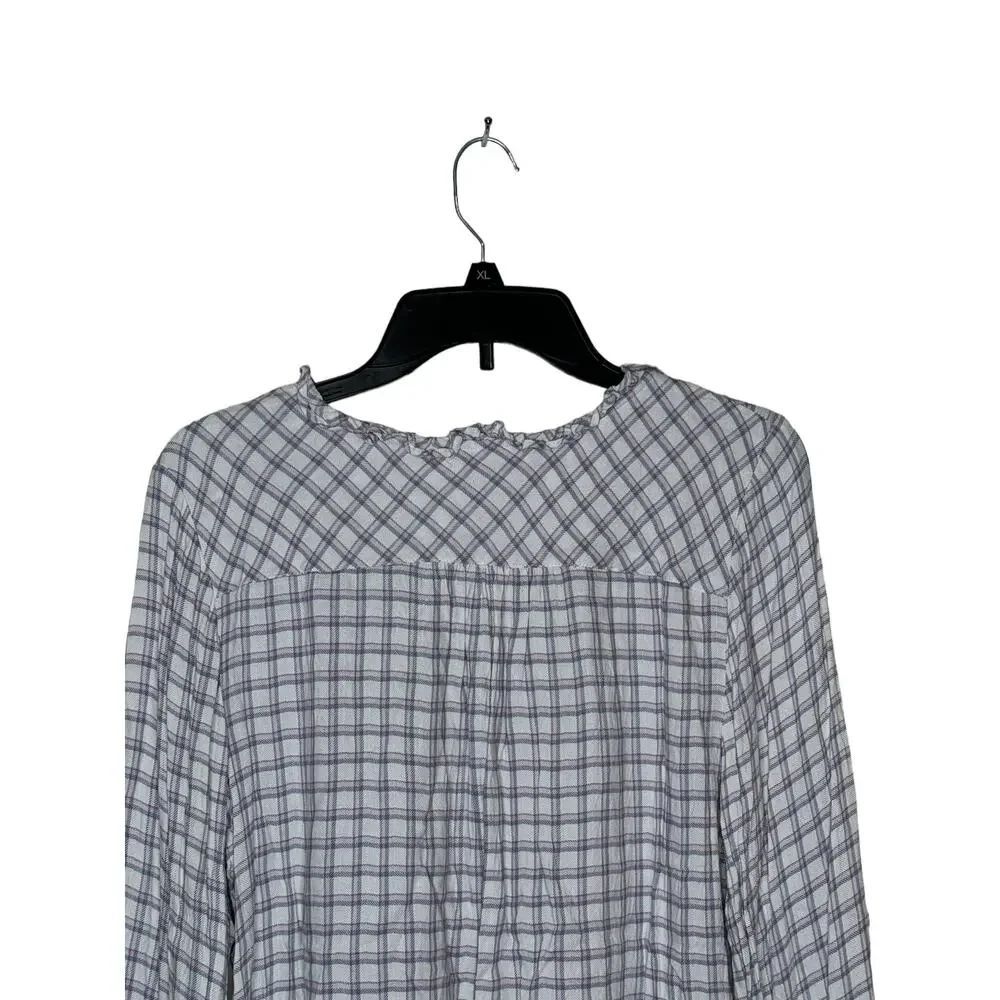 Talbots Women's Top‎ Ruffle Neck Plaid Rayon Button Long Sleeve Pink/Gray Large